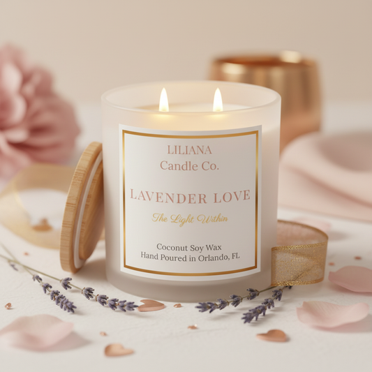 Liliana Candle Co. Lavender Love candle with a decorative label on a soft background.